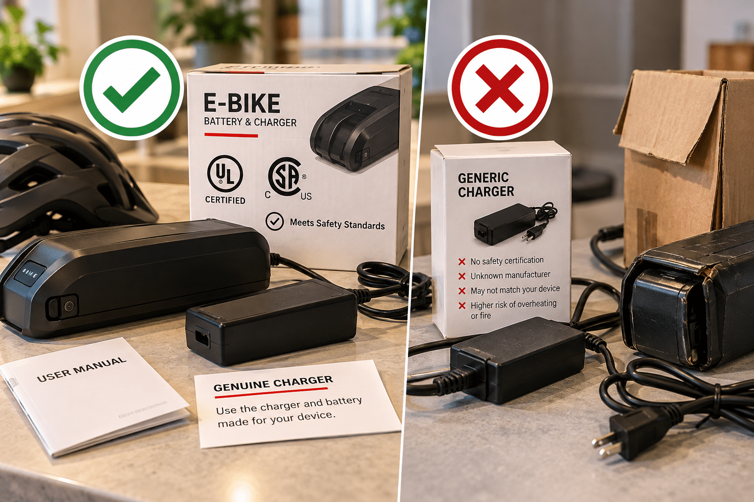 Certified battery and charger compared with generic uncertified charging equipment