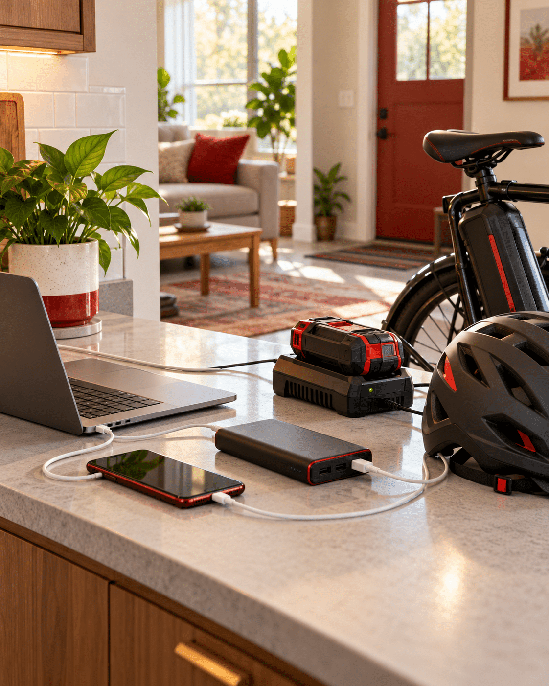 Everyday lithium-ion battery powered devices charging safely on a hard surface