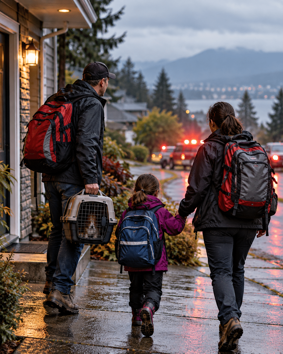 Family evacuating their home with emergency backpacks and a pet
