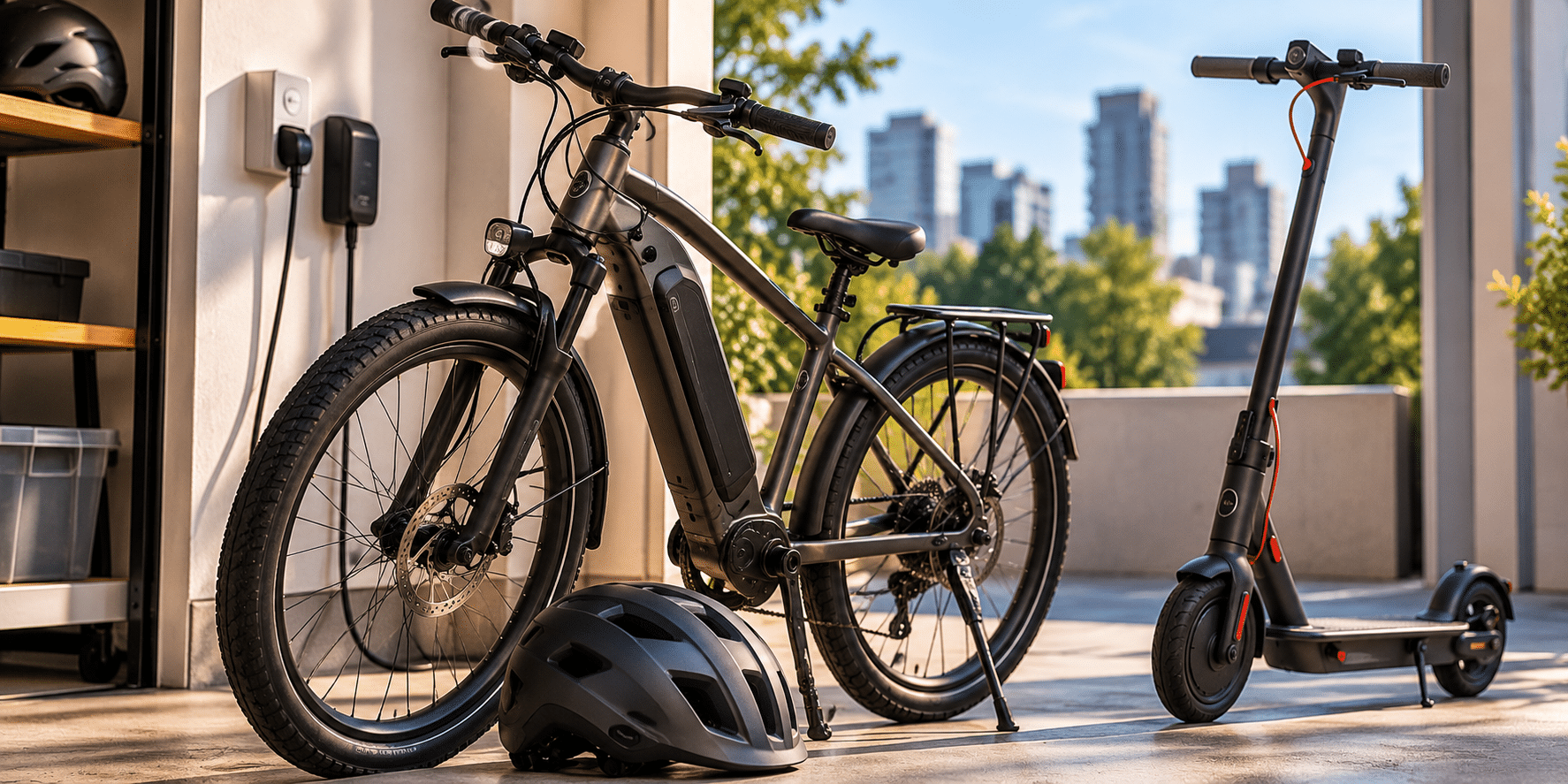 E-bike and e-scooter positioned safely in a clear charging area