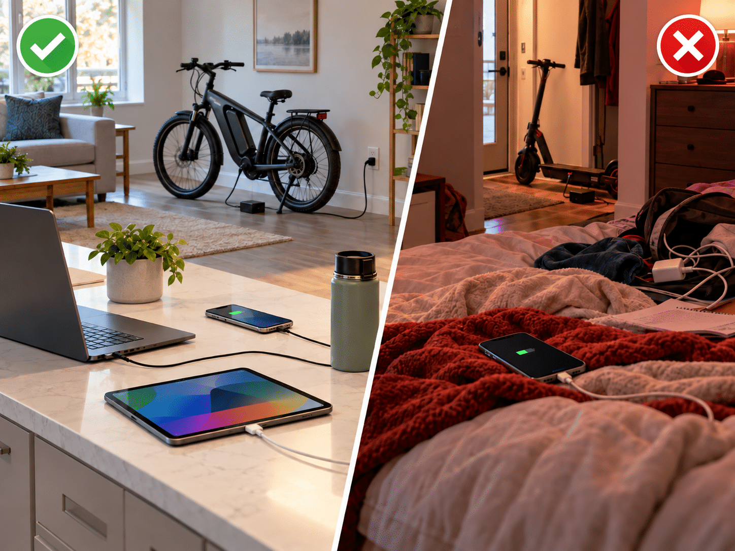 Safe and unsafe lithium-ion battery charging setups at home