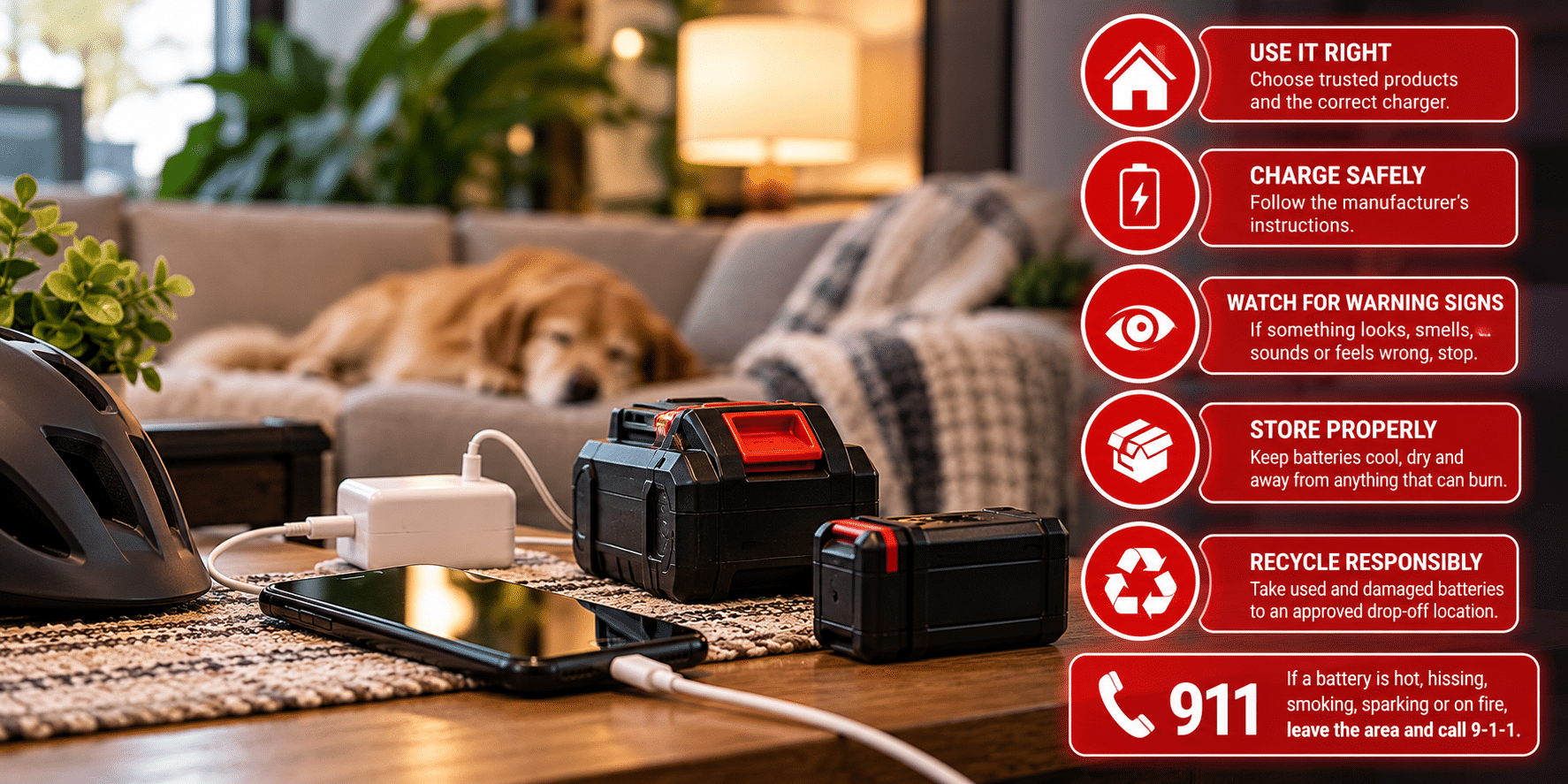 Lithium-ion battery safety reminders covering safe charging, warning signs, storage and recycling