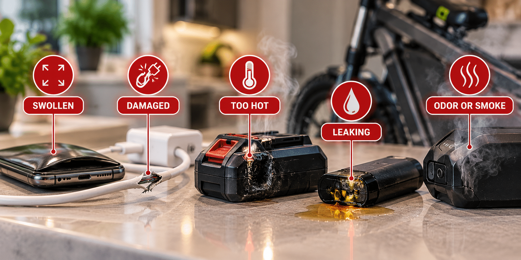 Examples of lithium-ion battery warning signs including swelling, damage, excessive heat, leaking and smoke