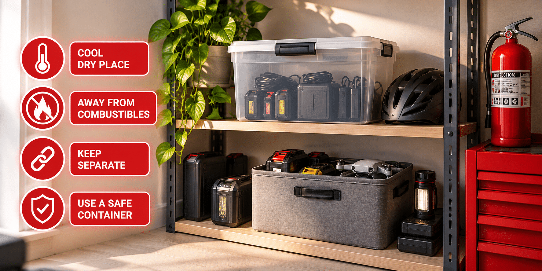 Lithium-ion batteries stored safely in a cool, dry and organized location